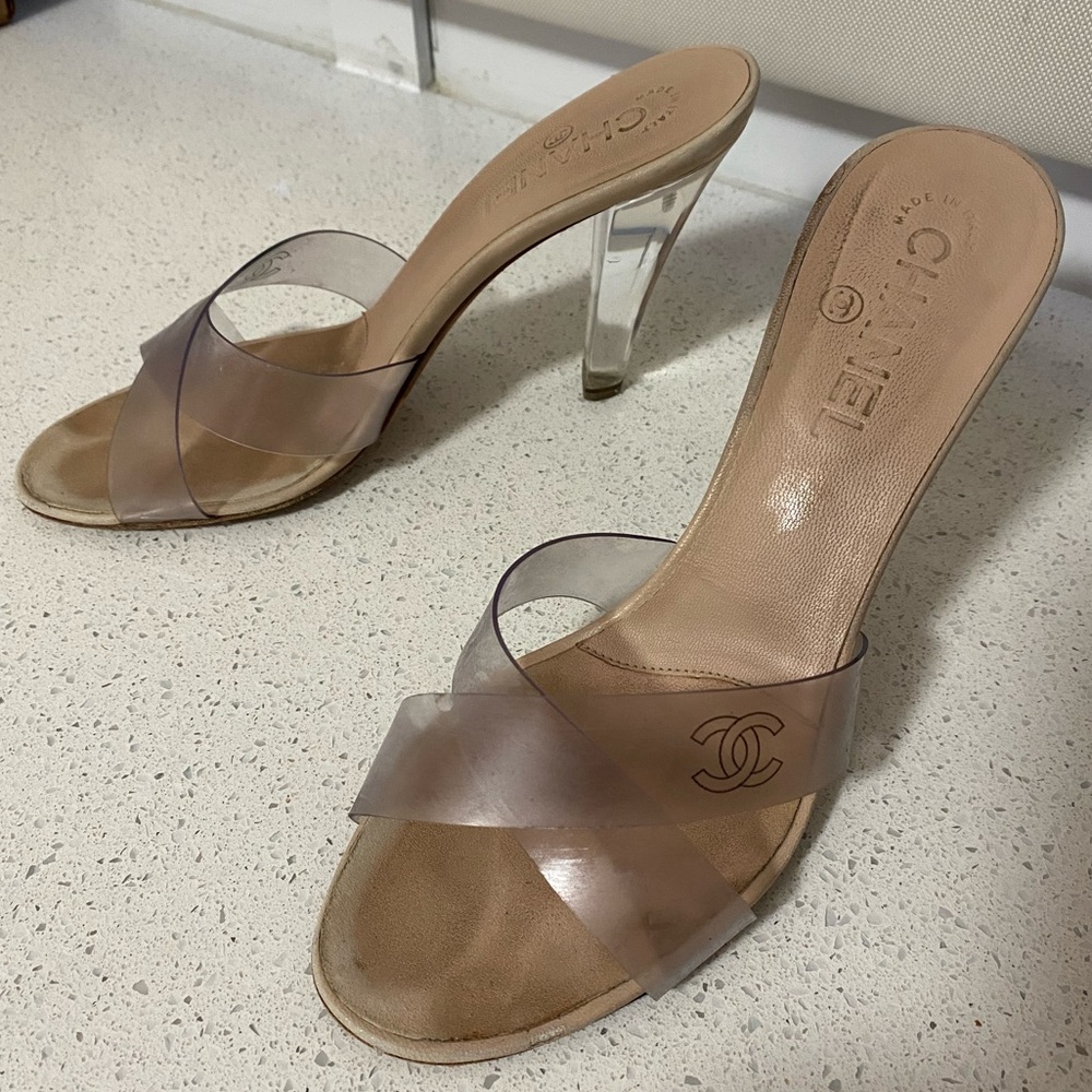 Vintage Chanel PVC Heel Logo Sandals from Karl Lagerfeld Era
